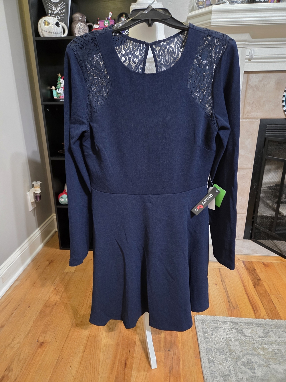 Teeze Me Navy Lace-Accent Long Sleeve Skater Dress